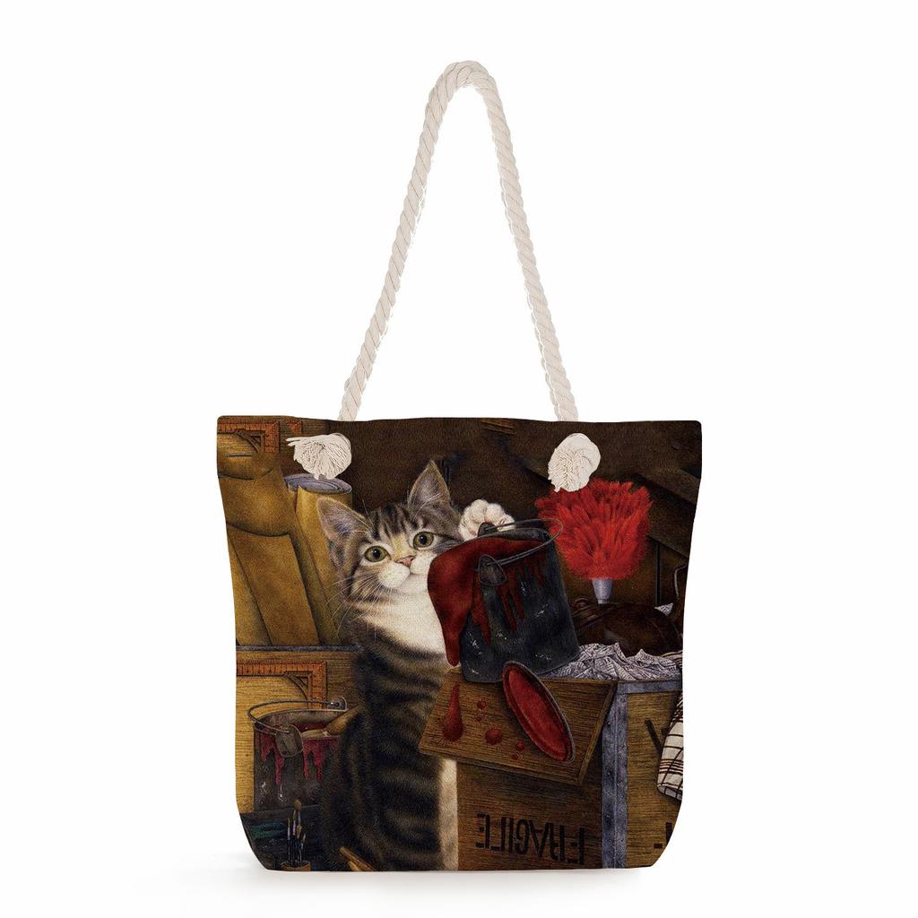 Flower Cat Print Thick Rope Single-shoulder Beach Bag 7262
