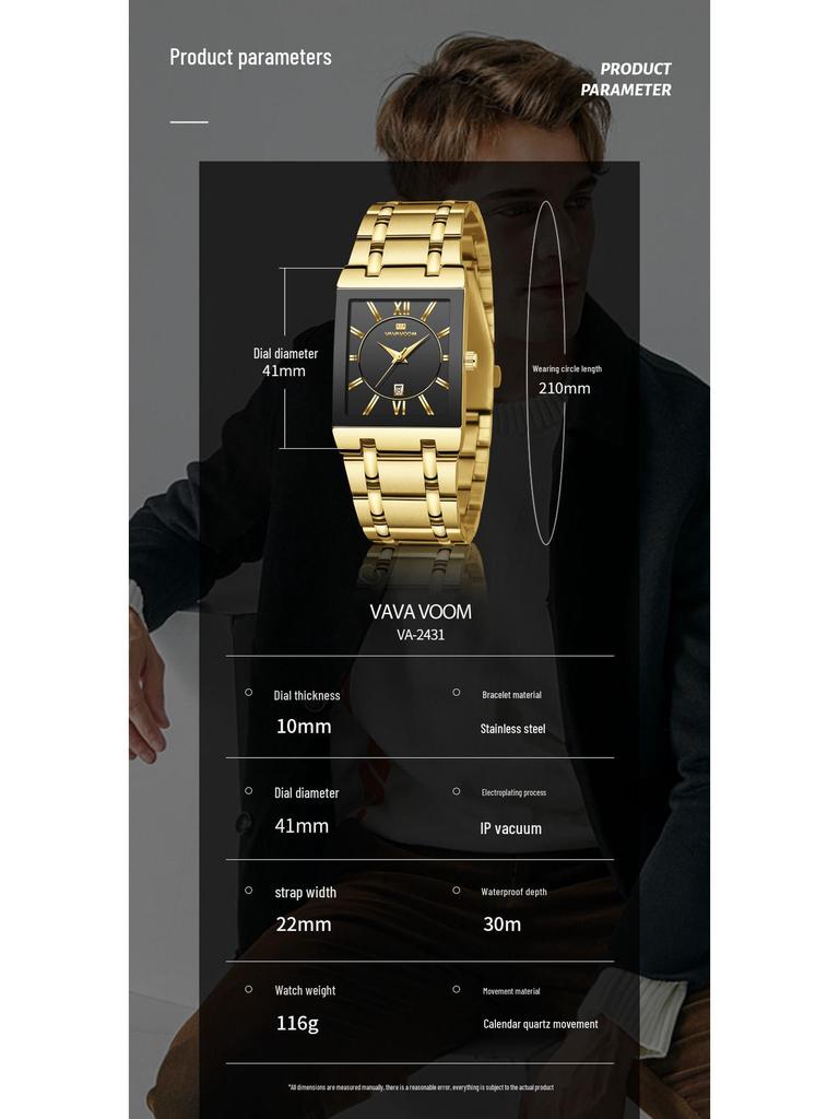 Men's Black Gold Quartz Waterproof Wristwatch with Steel Band