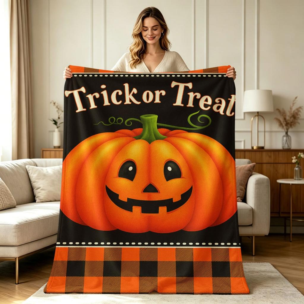Soft Warm Flannel Blanket Trick or Treat Halloween Pumpkin Plaid Print All Season Decorative Blanket for Sofa Couch Bedroom Living Room Home Decor
