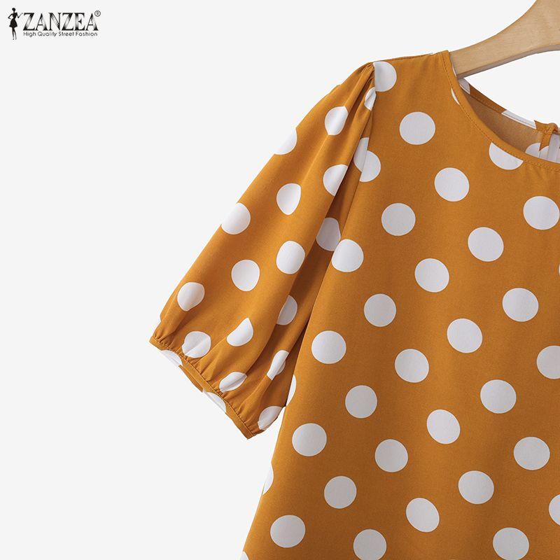 ZANZEA Blusa Casual da Donna a Pois con Scollo Rotondo e Maniche Corte