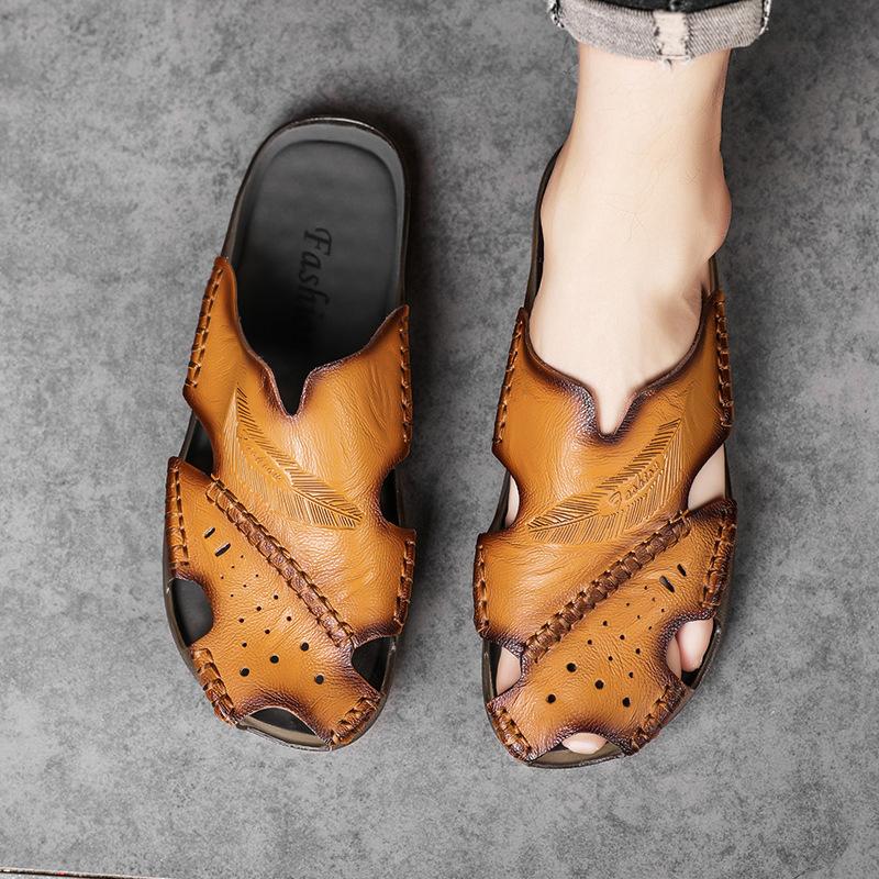 Summer new bag head slippers men's casual outer wear one-word leather sandals large size without heel half-drag trendy shoes