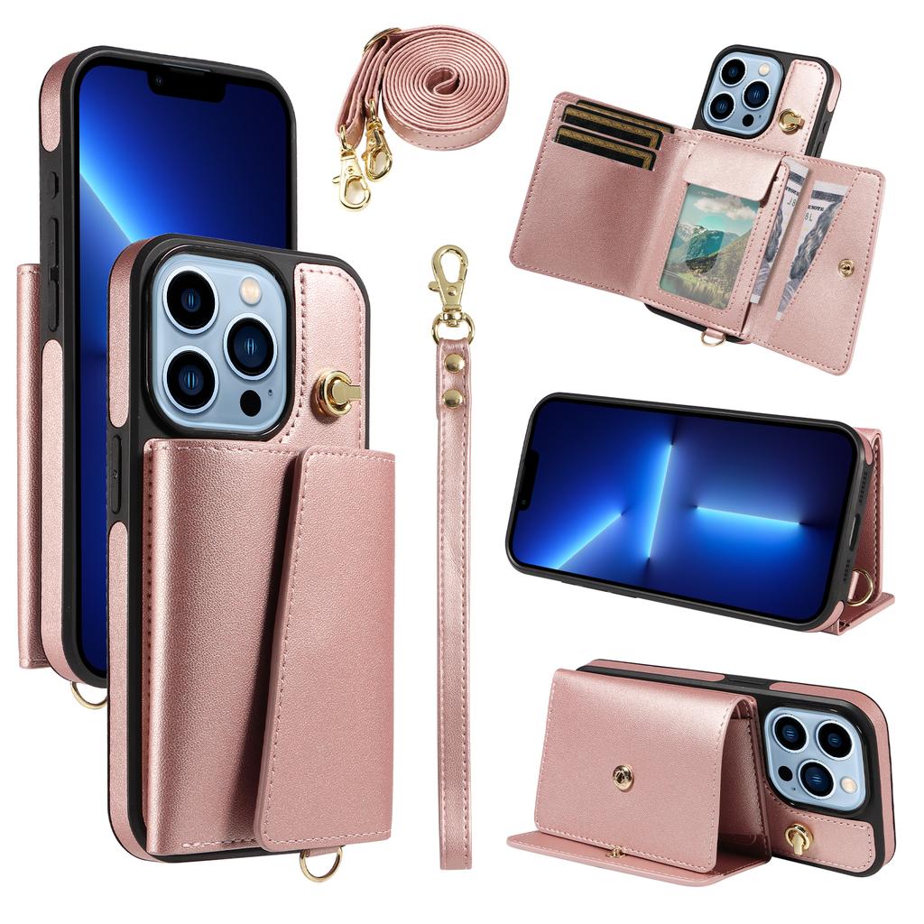 For iPhone 13 Pro Crossbody Phone Case Card Holder Kickstand Leather Coated TPU Mobile Cover