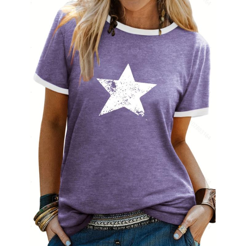 Five-pointed star print contrast T-shirt, short-sleeved crew neck casual top