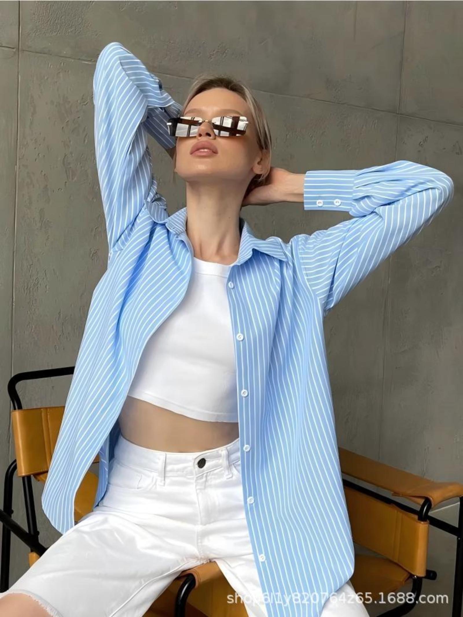 Свободная женская рубашка в полоску оверсайз, рабочая рубашка, повседневная рубашка с длинным рукавом XXL