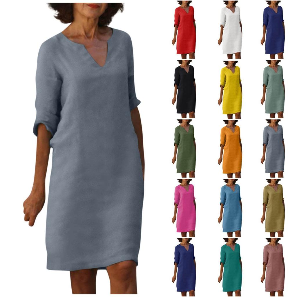 Women'S Retro Solid Color V-Neck Mid-Sleeve Tunic Dress - Easy-Care Knee-Length All-Season Comfort Non-Stretch