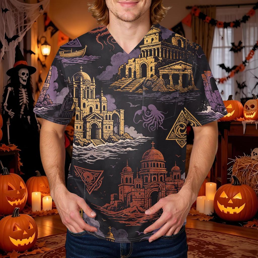 Herren Halloween Print V-Ausschnitt Kasack mit Tasche Kurzarm Uniformhemd