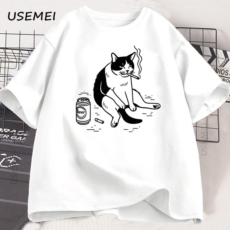 Funny Smoking Cat Meme Tshirt Unisex Cigarette Joke T Shirt Casual Stupid Brainrot Cat Lover Tshirt Humor Kitty Tee Male Clothes