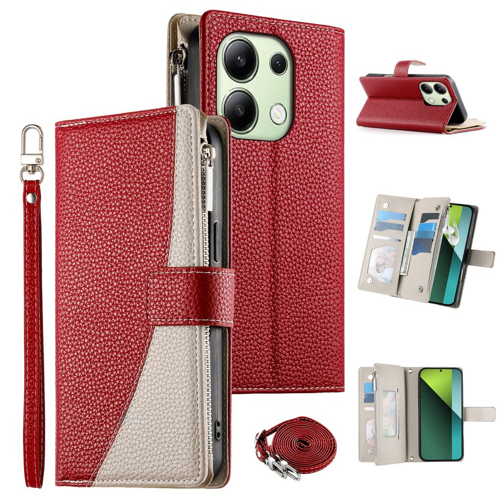 For Xiaomi Redmi Note 13 4G Case Zipper Wallet Color Splicing Leather Flip Phone Cover with Straps