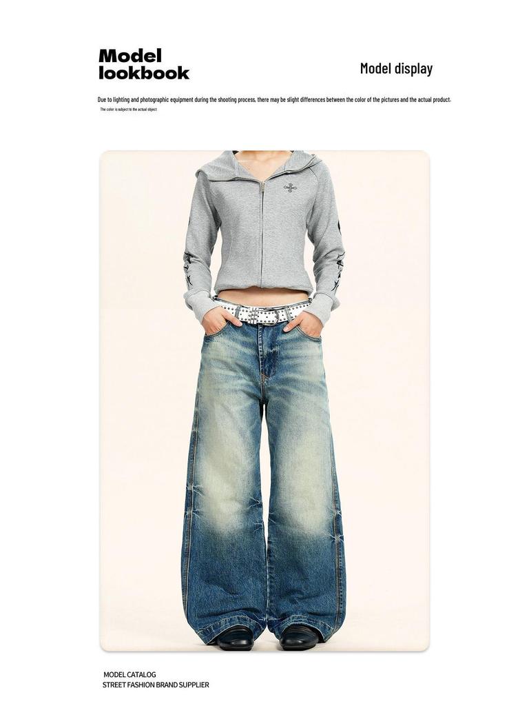 Yongfang American Retro Deep Blue Jeans: Unisex Casual Loose Fit, Cat Whiskers Design, Wide Leg, Straight Long Pants.