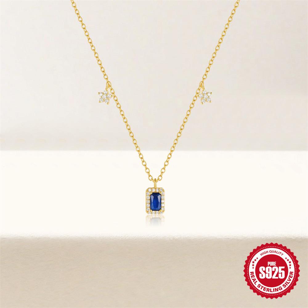 Élégant Simple S925 Argent Sterling Saphir Diamant Ensemble Fleurs Géométriques Empilées Collier Clavicule Polyvalent pour Femme
