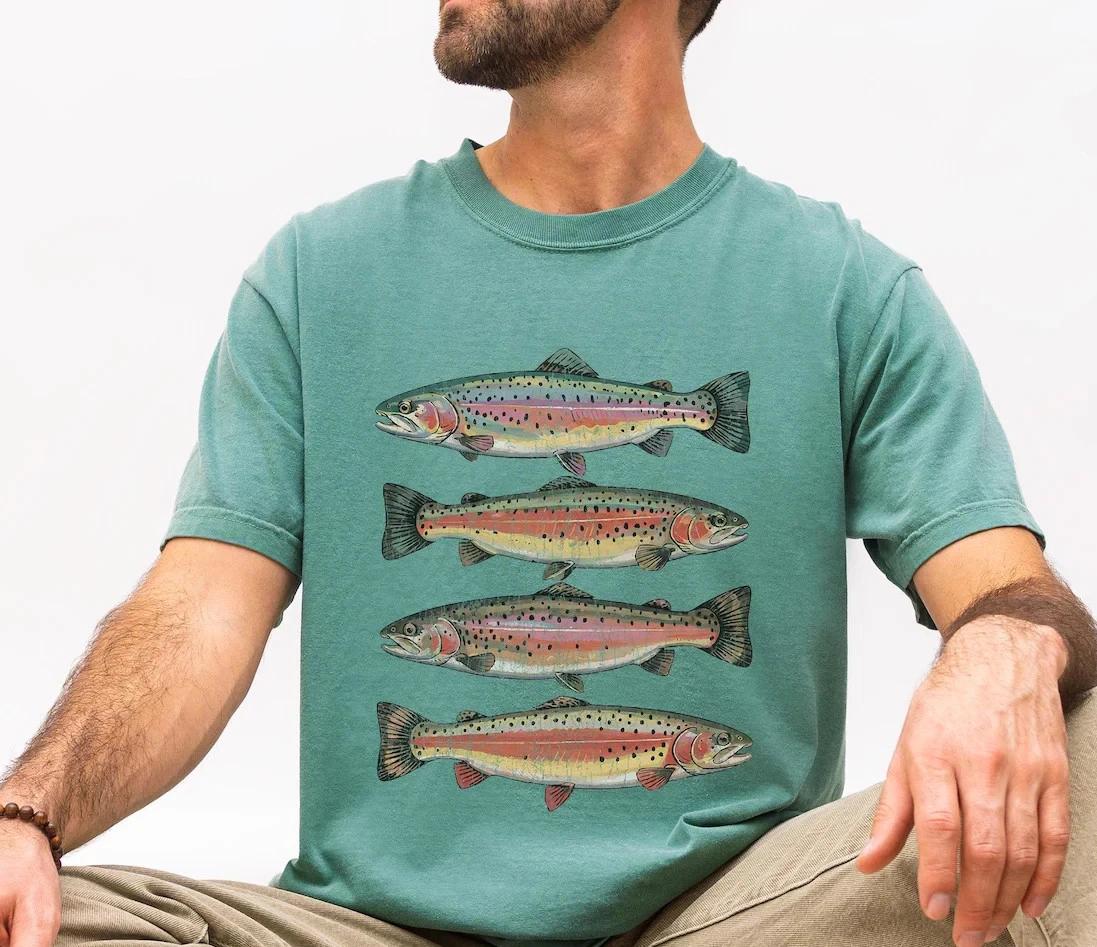 Fly Fishing Rainbow Trout Graphic Tshirt Stream River Fisherman Tee For Men 4XL