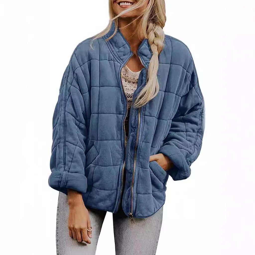 Women's Quilted Zip-Up Jacket with Square Stitch Design, Loose Fit, Multiple Color Options