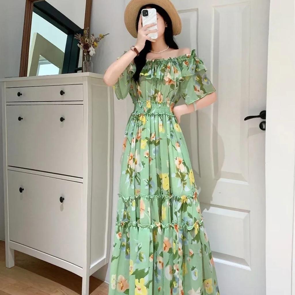 One Shoulder Off Shoulder A-line Ruffled Floral Chiffon Dress Summer Women's Slim Beach Vacation Beach Long Dresses