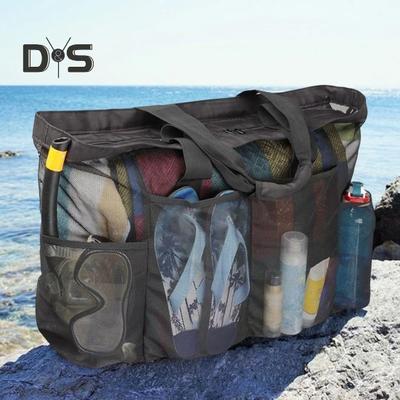 Beach Bag Multi Pockets Hollow Mesh Sand-proof Large Capacity Tear-resistant Zipper Closure Great Load Capacity Sandals Sunglasses Sun Cream Swimming