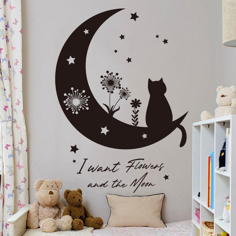 Black Moon Cat Wall Stickers Stars Home Bedroom Decor Peel and Stick Wall Art Removable Vinyl Decals for Room Beautification