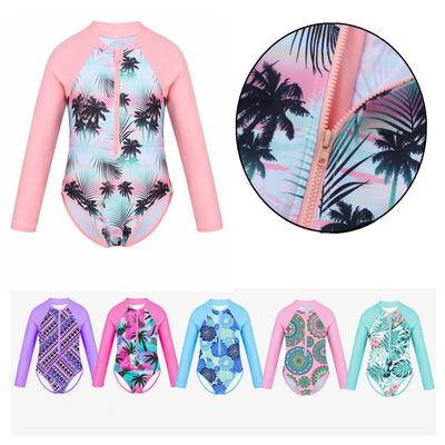 Kids Girls One Piece Rash Guard Swimsuit Long Sleeves Printed Zippered Bathing Suit Swimwear