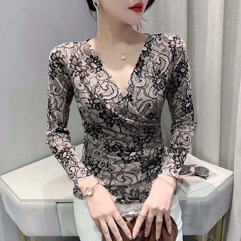 Retro Mesh Base Shirt for Women with Cross V-neck Fashionable Long-sleeved T-shirt Shirt Slim-fitting Dance Top