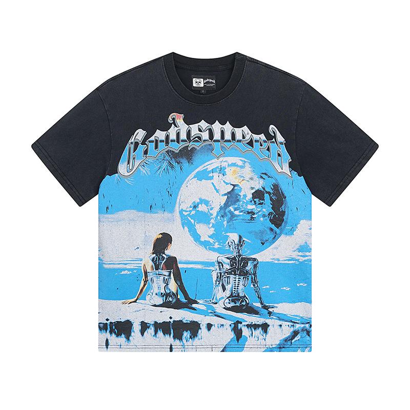 Cross-border trendy brand GS Skull Band Alphabet Printing Washing Water Short Sleeve Loose T-Shirt Men's and Women's High Street Retro Half Sleeve