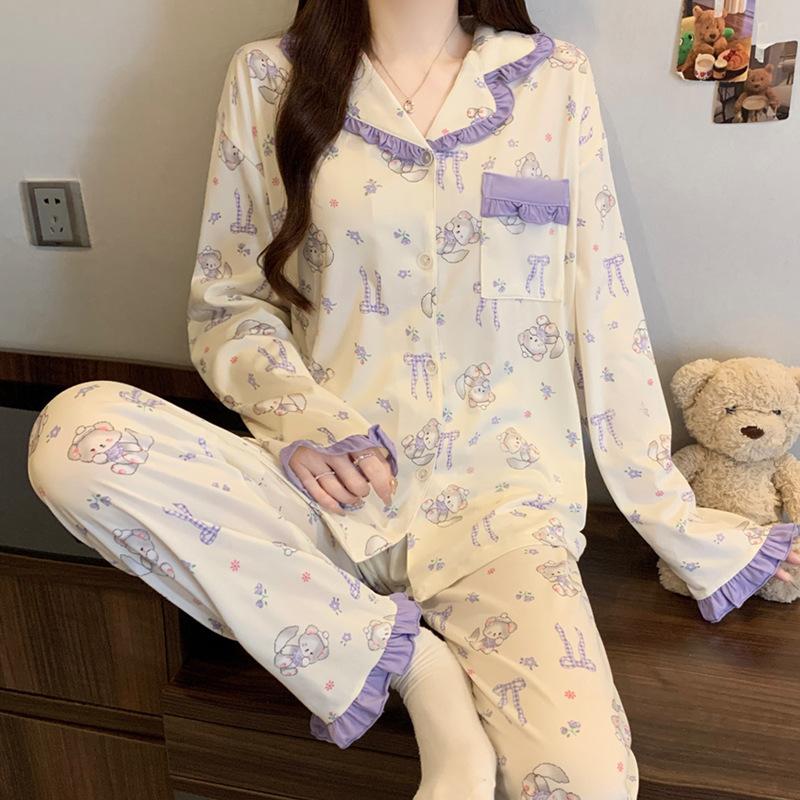 Imitation cotton ruffle leaf edge pastoral cute rabbit girl pajamas autumn long-sleeved cartoon soft glutinous loungewear two-piece set