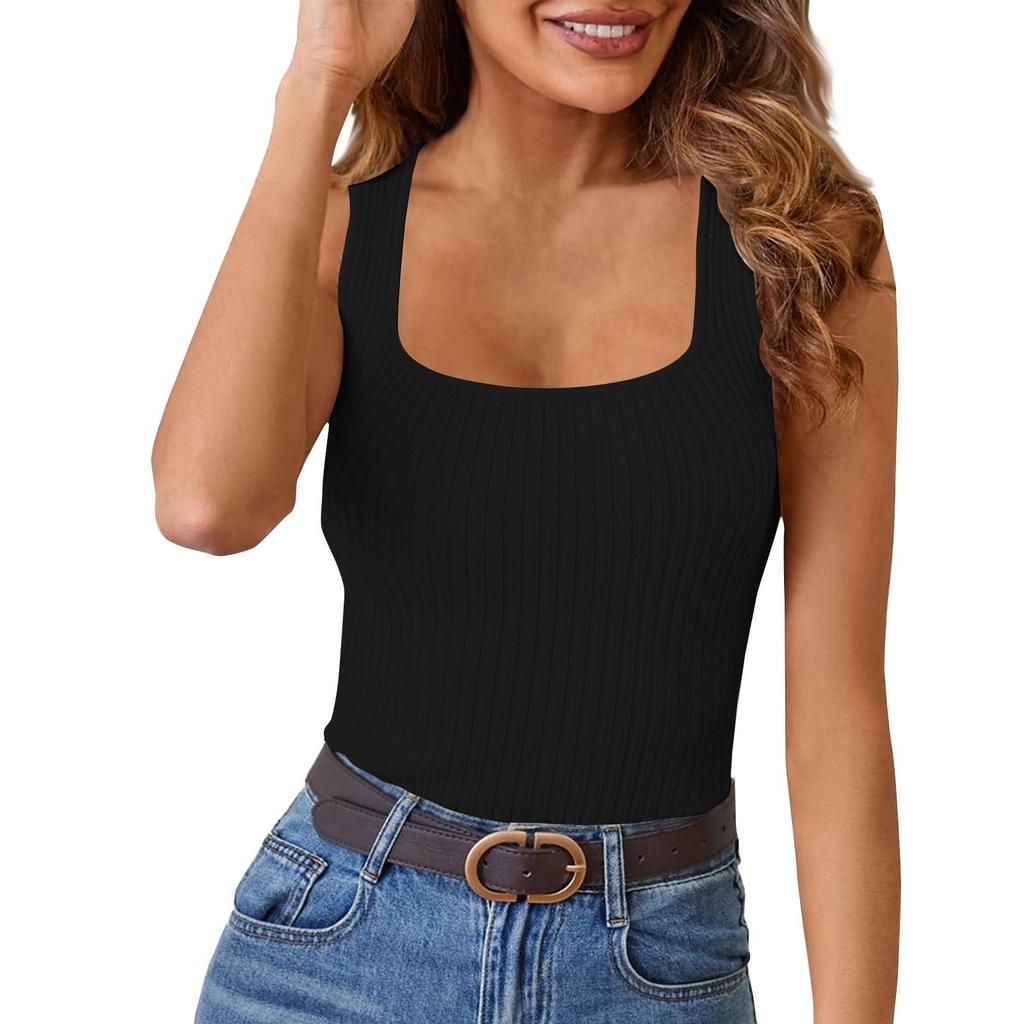 Summer Women's Vest Outer Square Collar High Elastic Slim Sexy Sleeveless Top