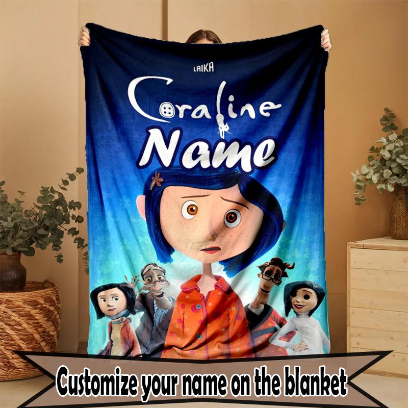 Custom Name Personalized Coraline Print Blanket, Home Decor, Bedroom, Sofa, Camping, Couch, Gifts for Birthday Christmas