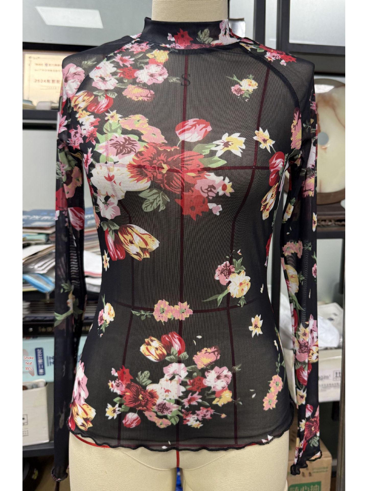 

Женская футболка TK2025 с высоким воротом, длинным рукавом, кружевной цветочной сеткой, пуловер XXL