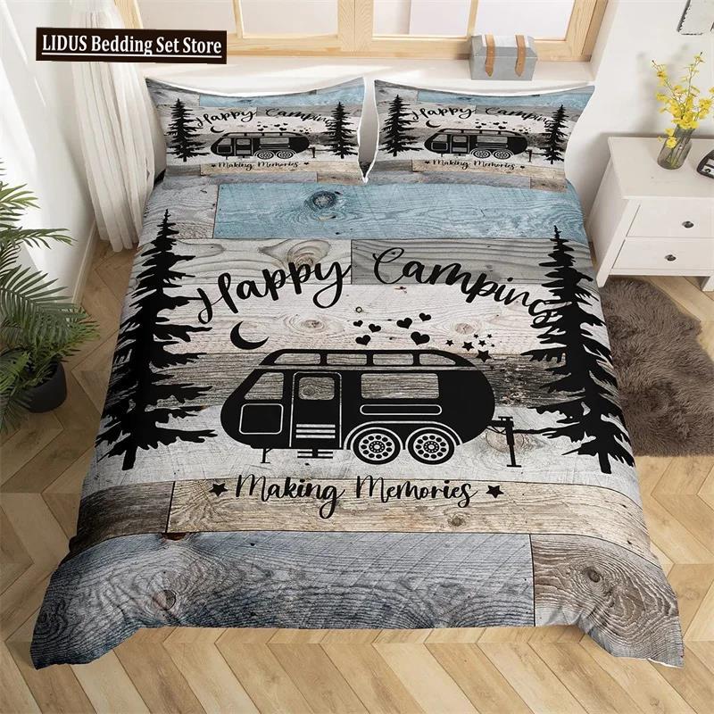 Šťastné kempování Povlak na přikrývku Queen Kreslený Karavan Kempingová Ložní souprava Styl Farmy 3D Obal na přikrývku Camper s povlaky na polštáře