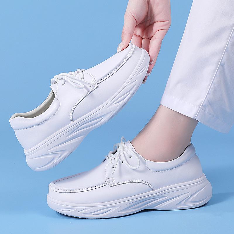 Women's Genuine Leather Lace-up Nurse Shoes - Soft Sole, Non-slip, Breathable, and Comfortable for Hospital Work