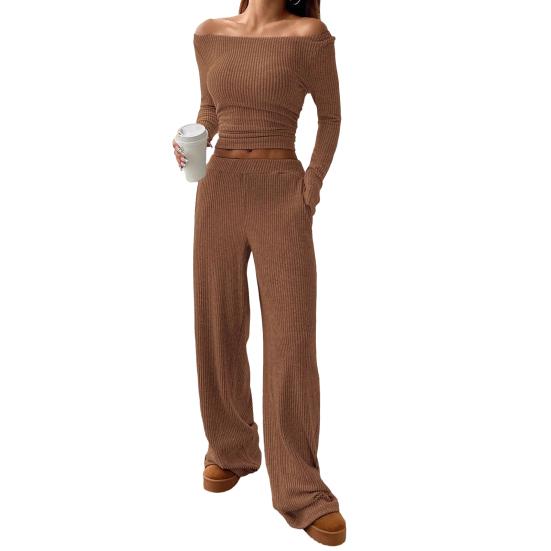 Women's 2 Piece Outfits Fall Casual Boat Neck Long Sleeve Ribbed Top Wide Leg Pants Matching Lounge Set