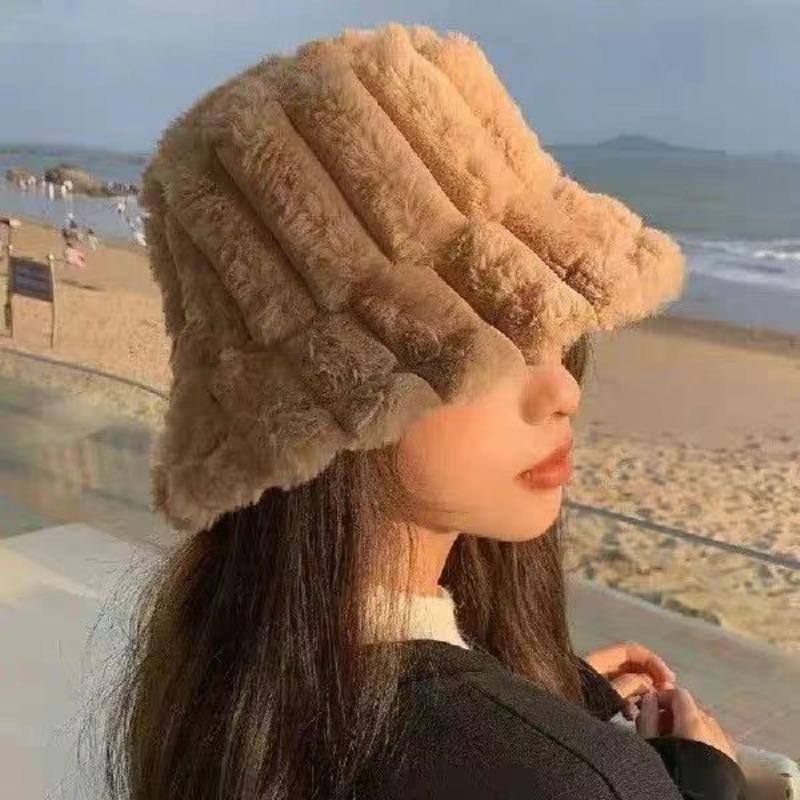 Striped bucket hat women's autumn and winter niche small edge solid color thickened warm windshield versatile basin hat