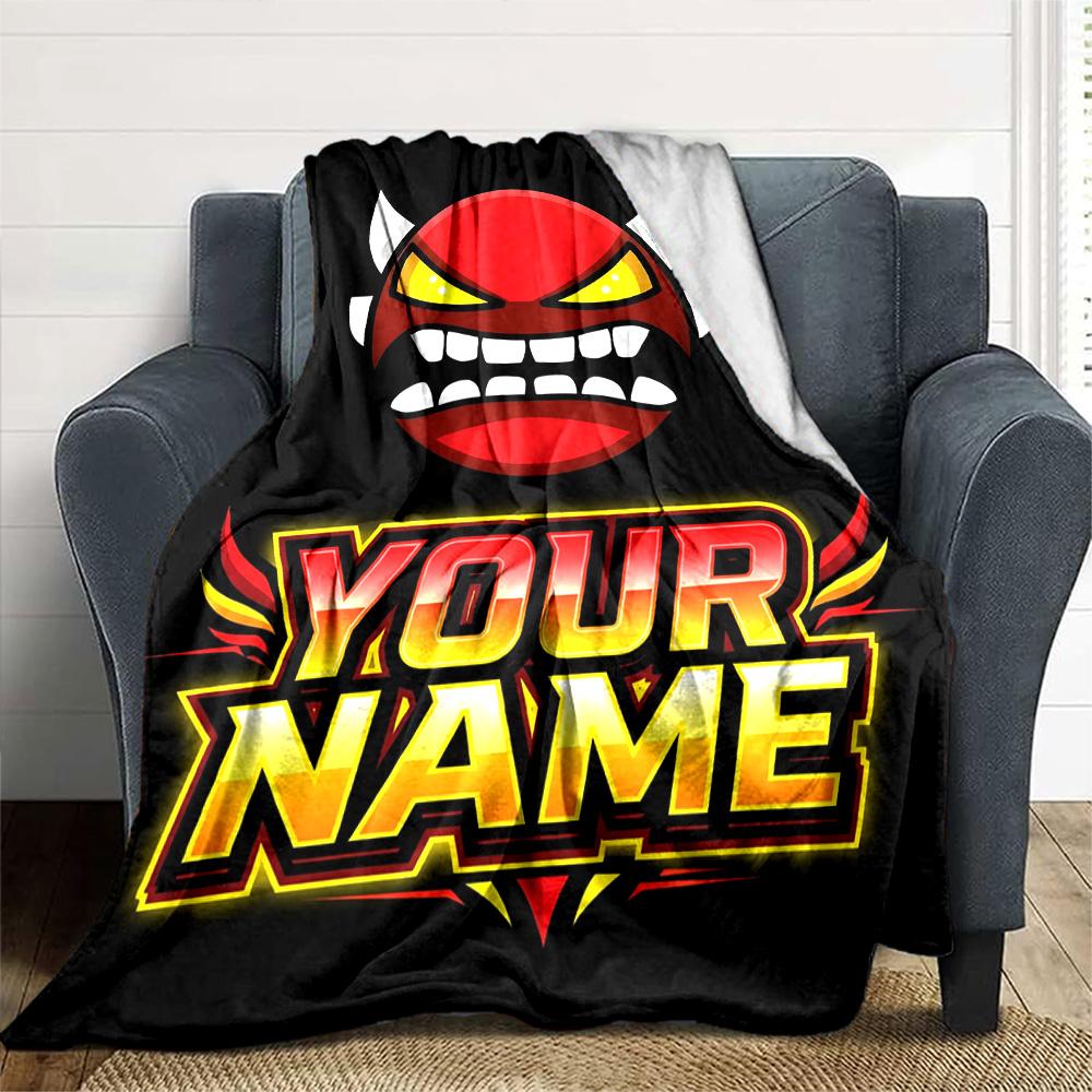 1pc Geometry Dash Blanket with Custom Name, Gift, for Men and Women, Soft Blanket, Good for Sofa Bed Couch Travel, Lightweight Flannel Blanket