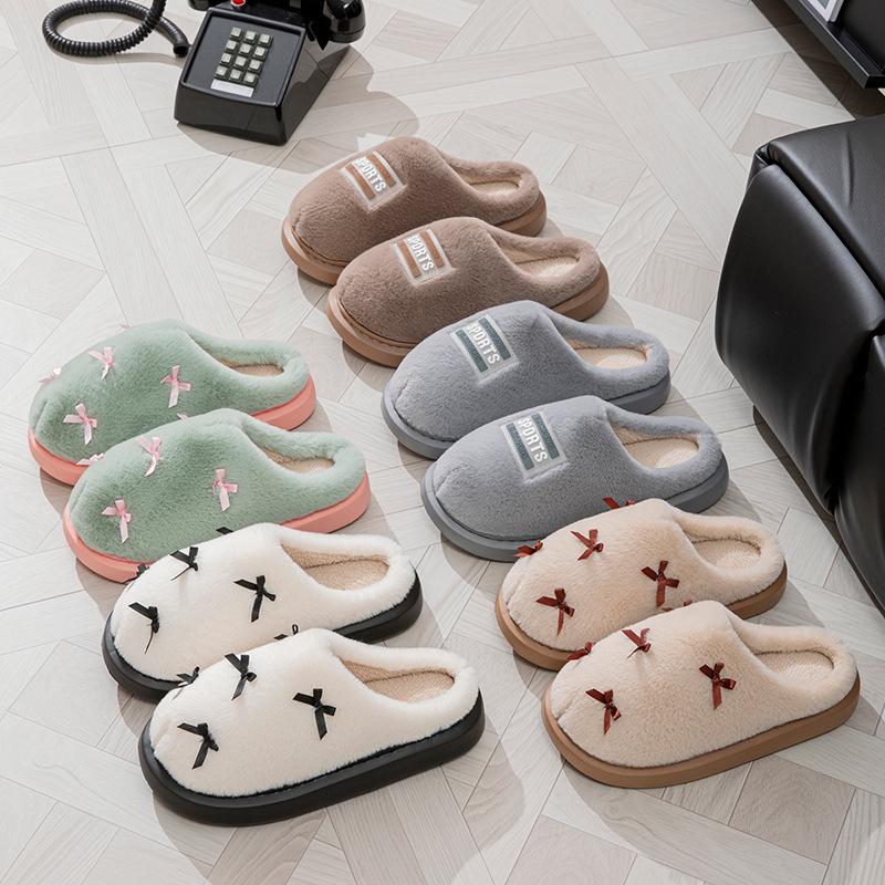 Women's Warm Cotton Slippers with Bow, Non-slip Indoor Shoes for Autumn/Winter