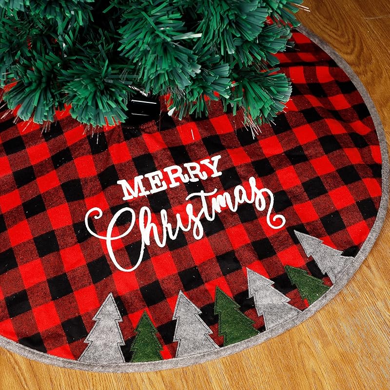 Juegoal 48 Inch Christmas Tree Skirt, Soft Red and Black Plaid Christmas Tree Mat for Xmas Party Decoration, Christmas Tree Holiday Decor
