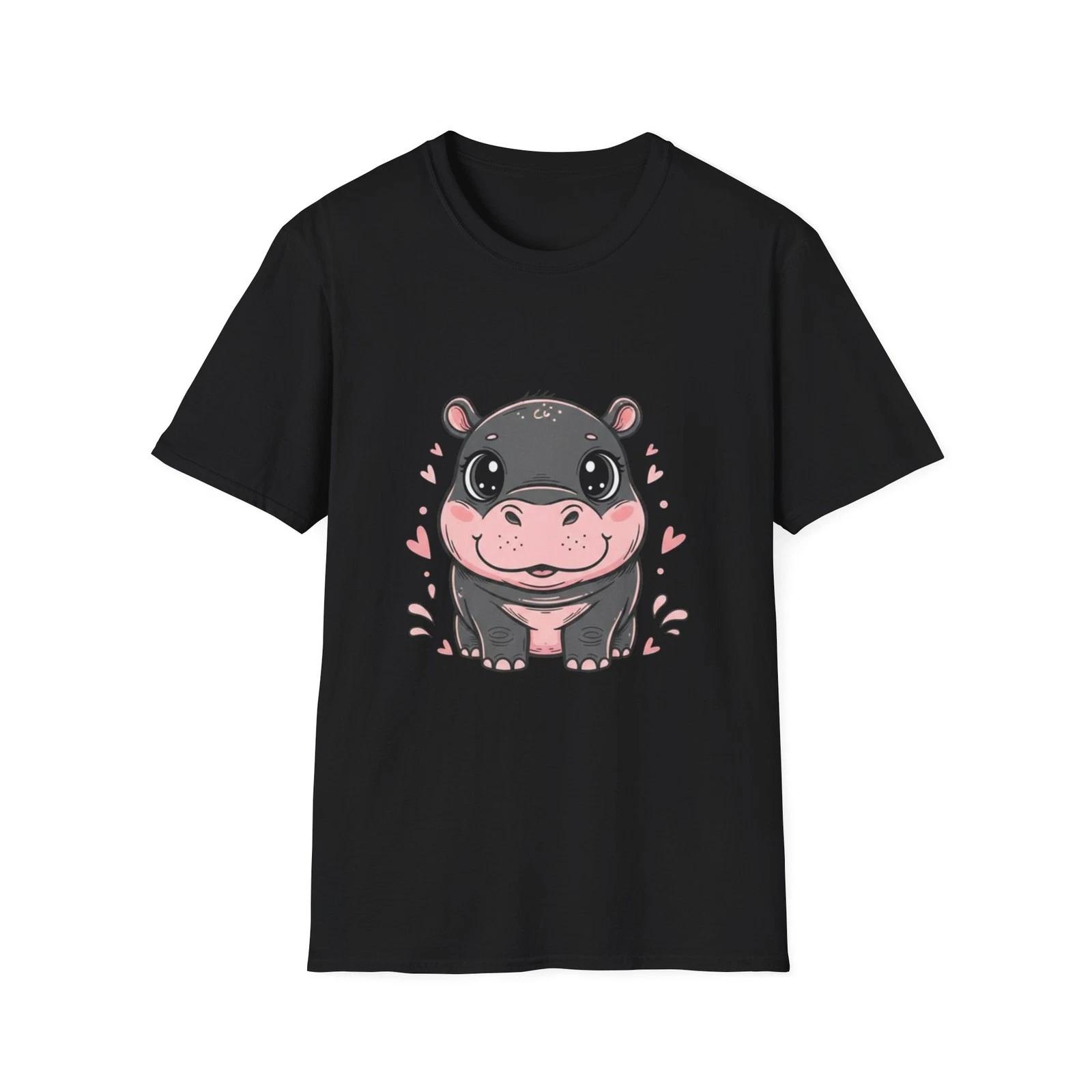 

Cute Hippo Kawaii Cartoon Black Tee Adorable Animal Graphic T-Shirt S