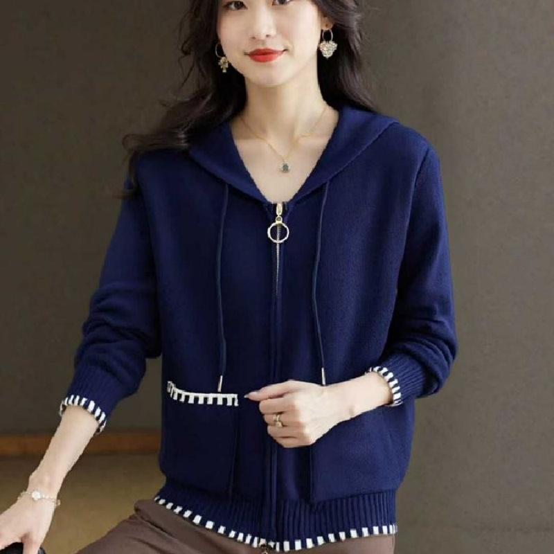 Autumn and Winter New Simple Design Sense Hooded Color Collision Double Zipper Knitted Slim Cardigan Jacket