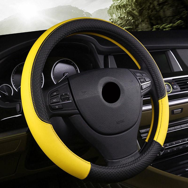 Car Steering-wheel 37cm-38cm Leather Hand-stitched PU Leather Dermay Car Steering Wheel Cover Fit For Most Cars Styling