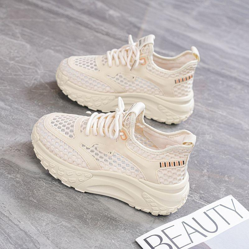 Mesh hollow breathable soft leather dad shoes women's new thick-soled versatile non-slip casual sports shoes in summer 2025