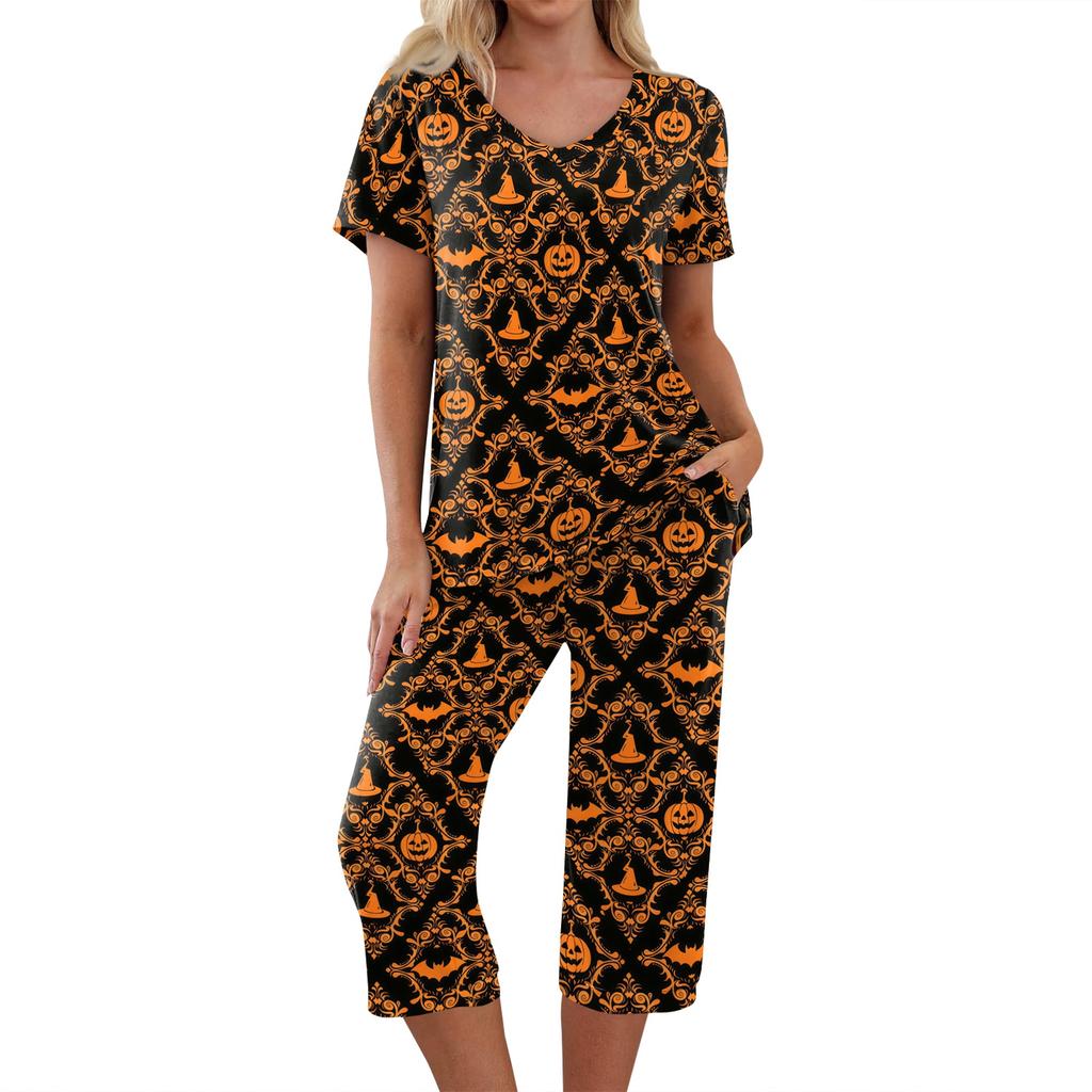 Women's Halloween Two Piece Outfit - Short Sleeve Top and Pants Set with Fun Print, Casual Wear for Halloween Party and Everyday