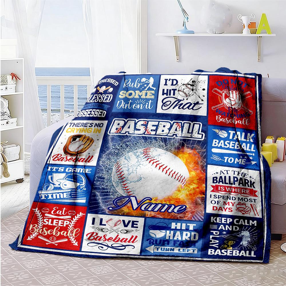 Blue Baseball Customize Text Blanket Multi-purpose Customizable Blanket Durable Comfort for Picnics Seaside Office Chair Home Decor for All Occasions