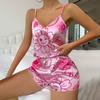 Heart Print Satin Pajama Set for Women Sexy V Neck Sleepwear Summer Cami Tops and Shorts Pajamas 2 Piece Loungewear Home Clothes