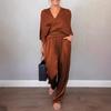 Women's V Neck Satin Two Piece Set Wrap Top and Wide Leg Pants Outfit