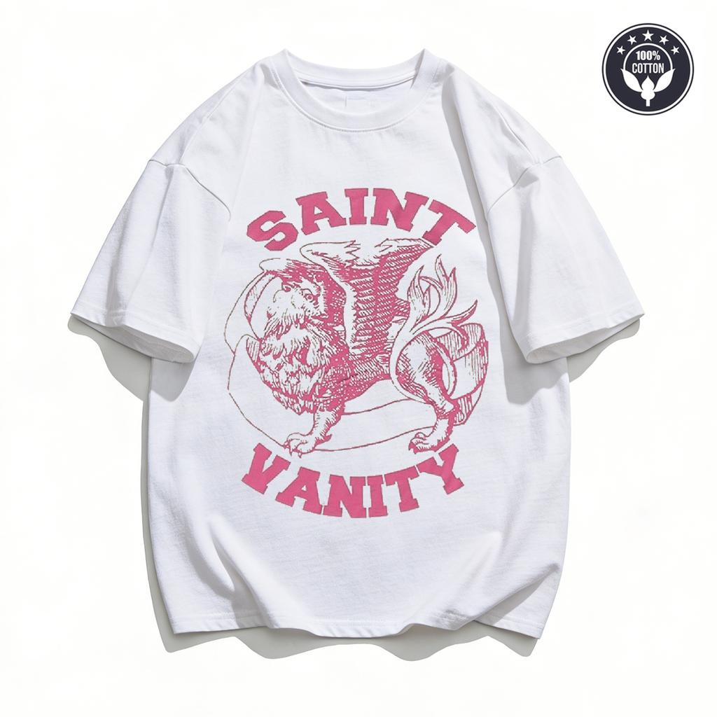 SAINT VANITY Koszulka Oversize z Graficznym Nadrukiem Grunge Męska Damska 2026 Streetwear Y2K Vintage Bawełniana z Krótkim Rękawem
