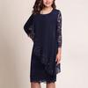 Elegant Solid Color Slim Dress with Lace Trim and Three Quarter Sleeves