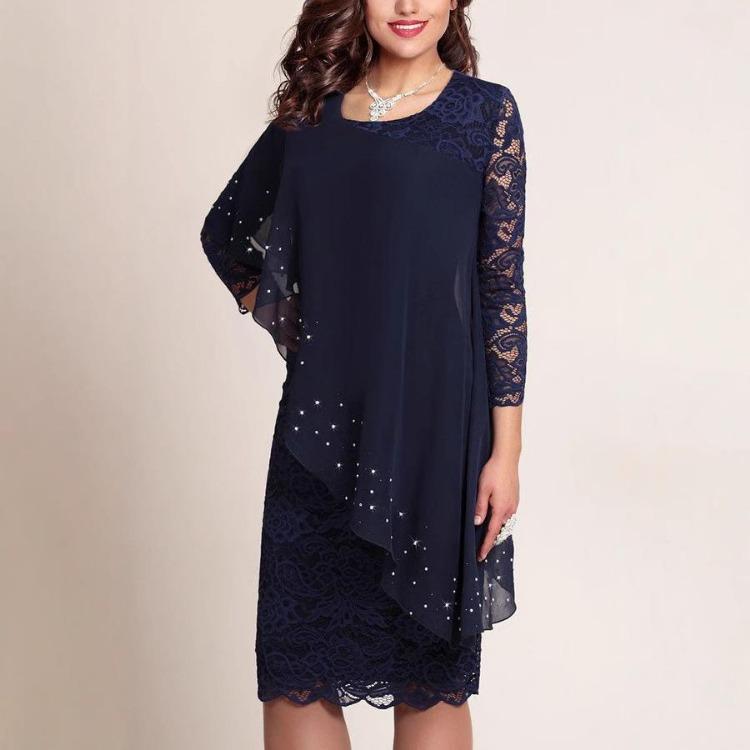 Elegant Solid Color Slim Dress with Lace Trim and Three Quarter Sleeves