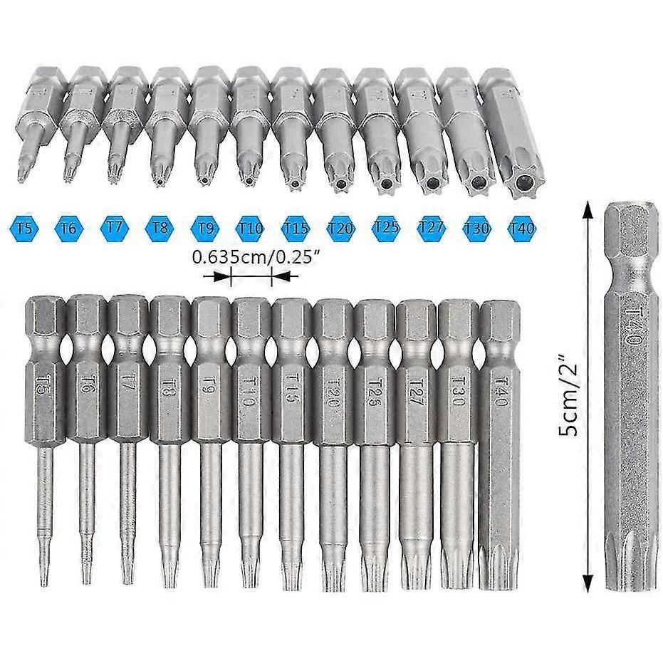 12 Pack T5-T40 S2 Hex Torx Screwdriver Bit Set Tamperproof Security Steel Star Tool Kit,,Silver