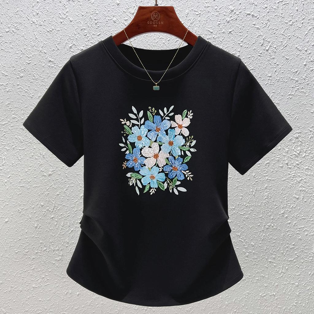 White Crew Neck Shirt Women's Short-sleeved Cotton Top Heavy Industry Embroidery Flower Retro Slim Design Versatile Summer