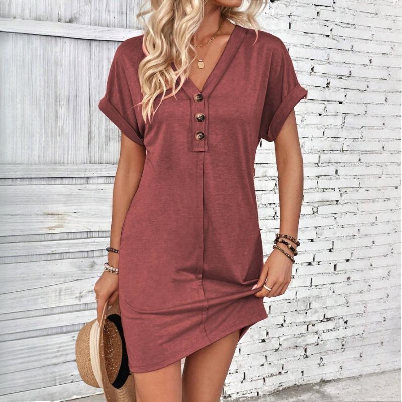 GMXIA Summer Women's Fashion Hundred With Buckle V Neck Shoulder Rolled Sleeve Solid Colour Dresses