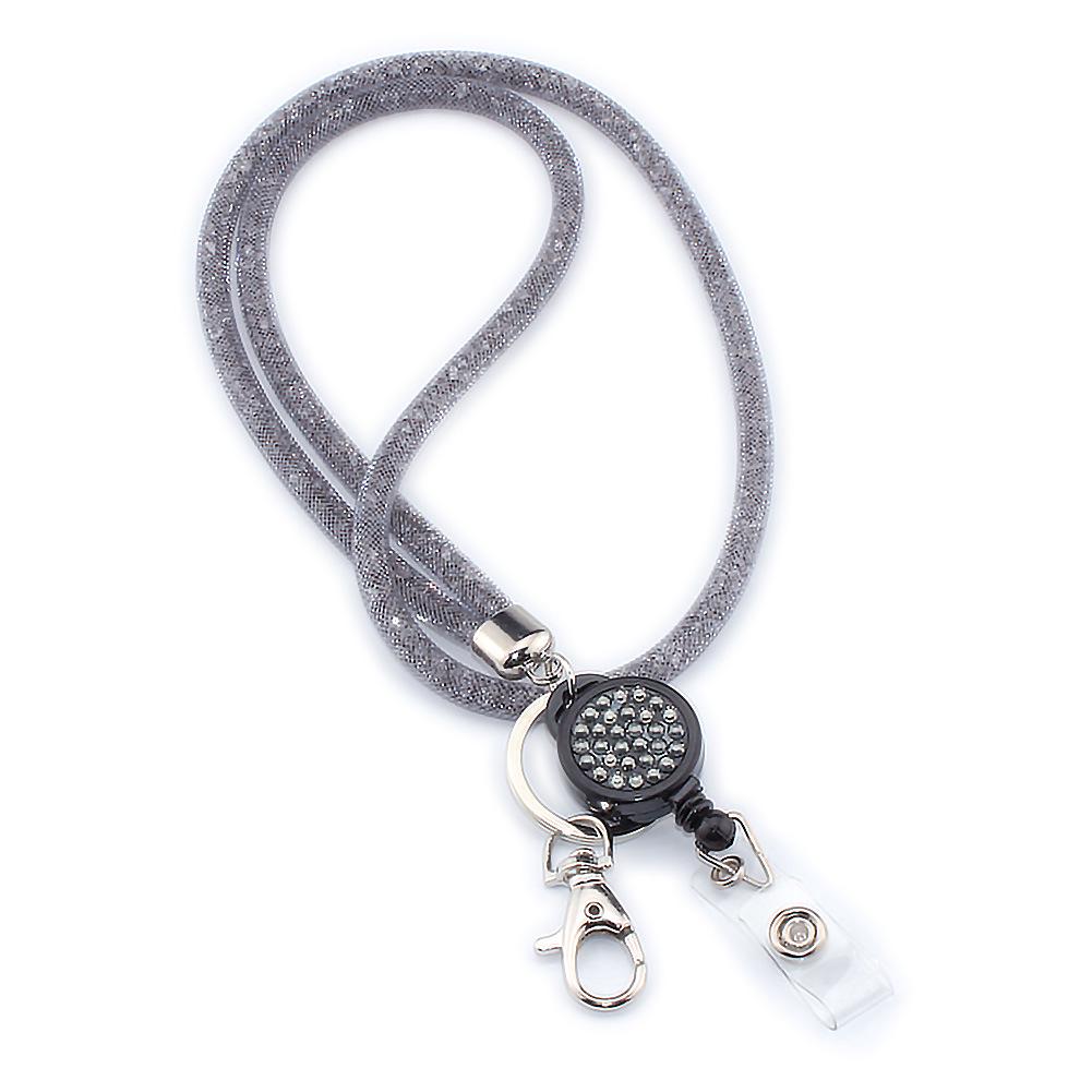 Fishnet Rhinestone Retractable ID Badge Necklace with Easy-Pull Buckle