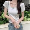 Front Shoulder Floral Short Sleeve Bow Design Print Pure Desire New Summer Short Hot Girl Fungus Trim Top