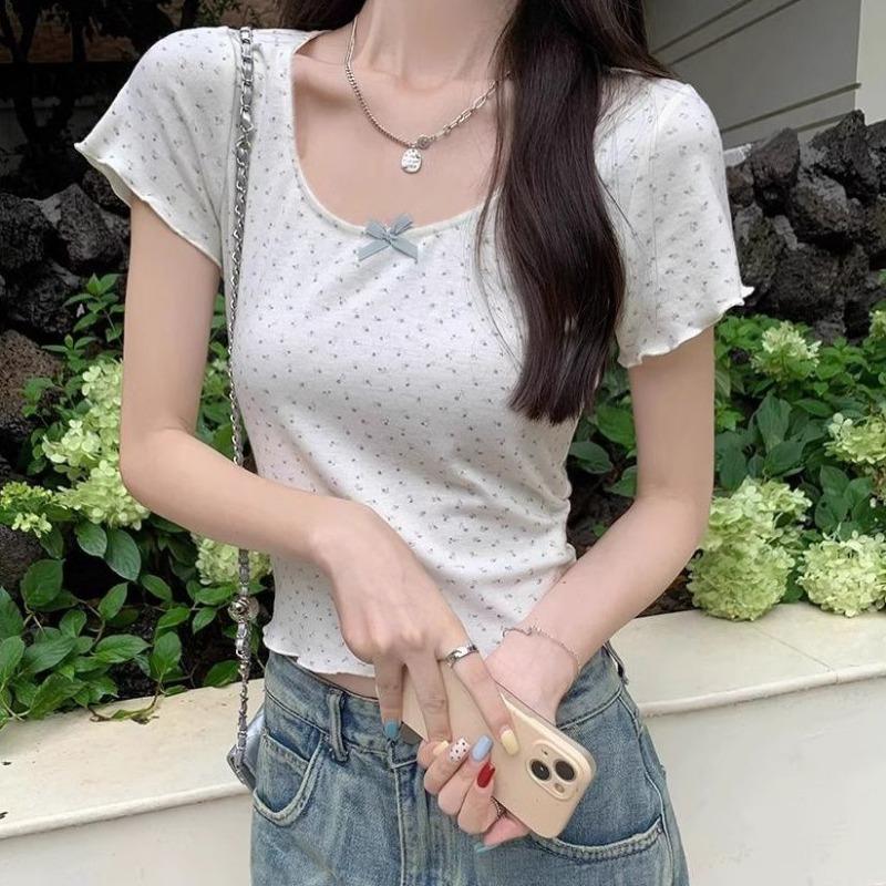 Front Shoulder Floral Short Sleeve Bow Design Print Pure Desire New Summer Short Hot Girl Fungus Trim Top